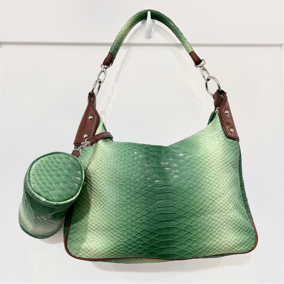 SHARIF 1827 GREEN & BROWN HANDBAG LEATHER TRIM WITH LAMINATE AND POUCH NWOT - Picture 11 of 15